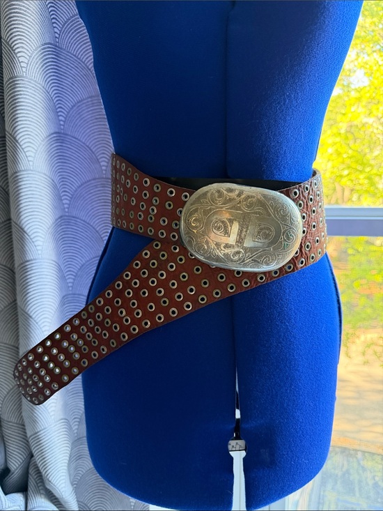 Handmade Accessories - Brown Eyelet Leather Belt with Ornate Silver Buckle.